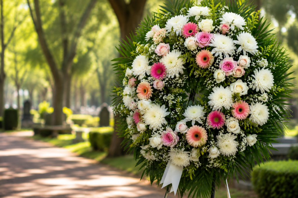 Coroa de flores para entrega no Cemitério Parque da Cantareira